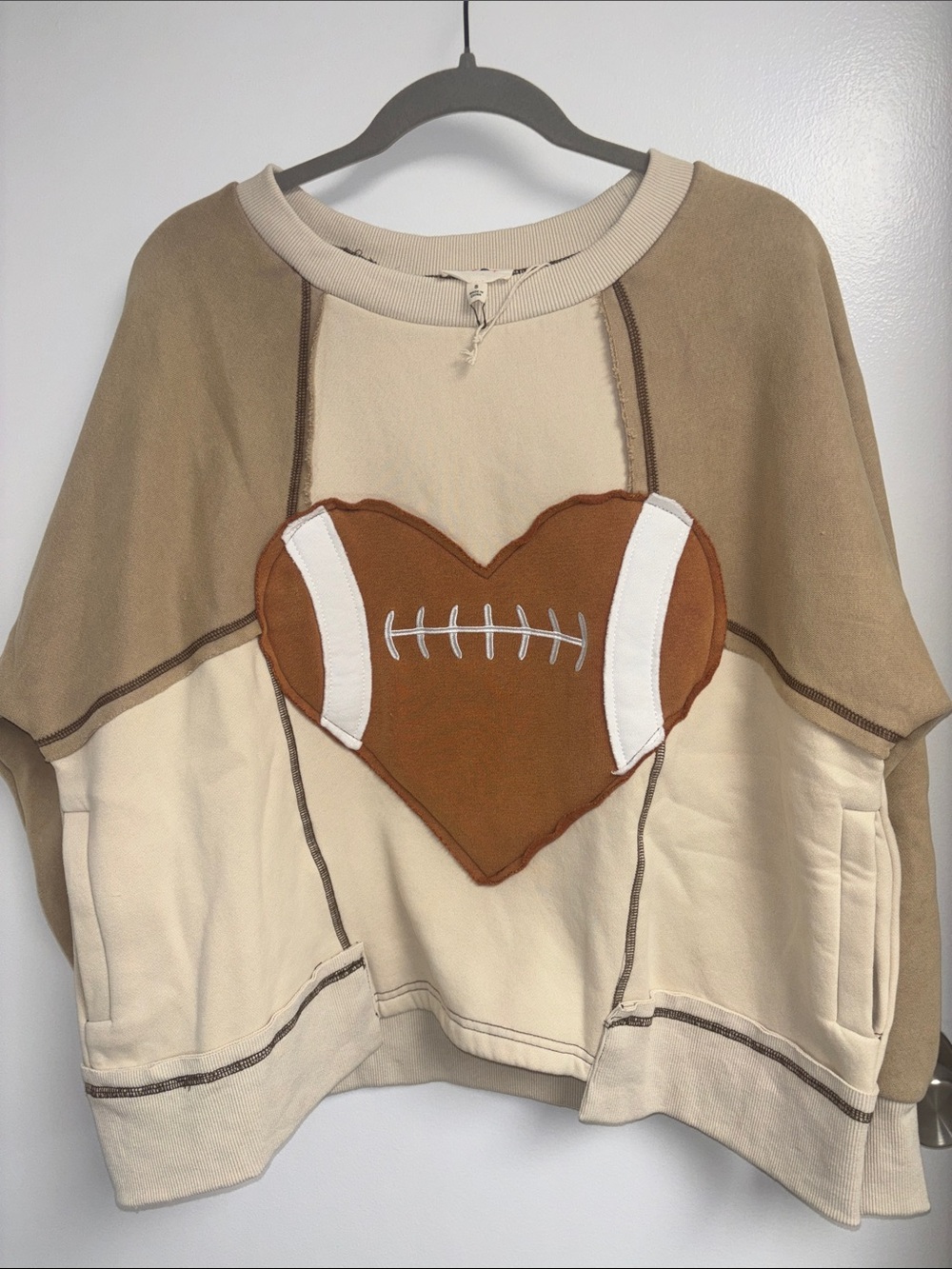 NWT BIBI Brand - Cozy Heart ❤️ Football Patch Crewneck Sweatshirt - Cream & Tan